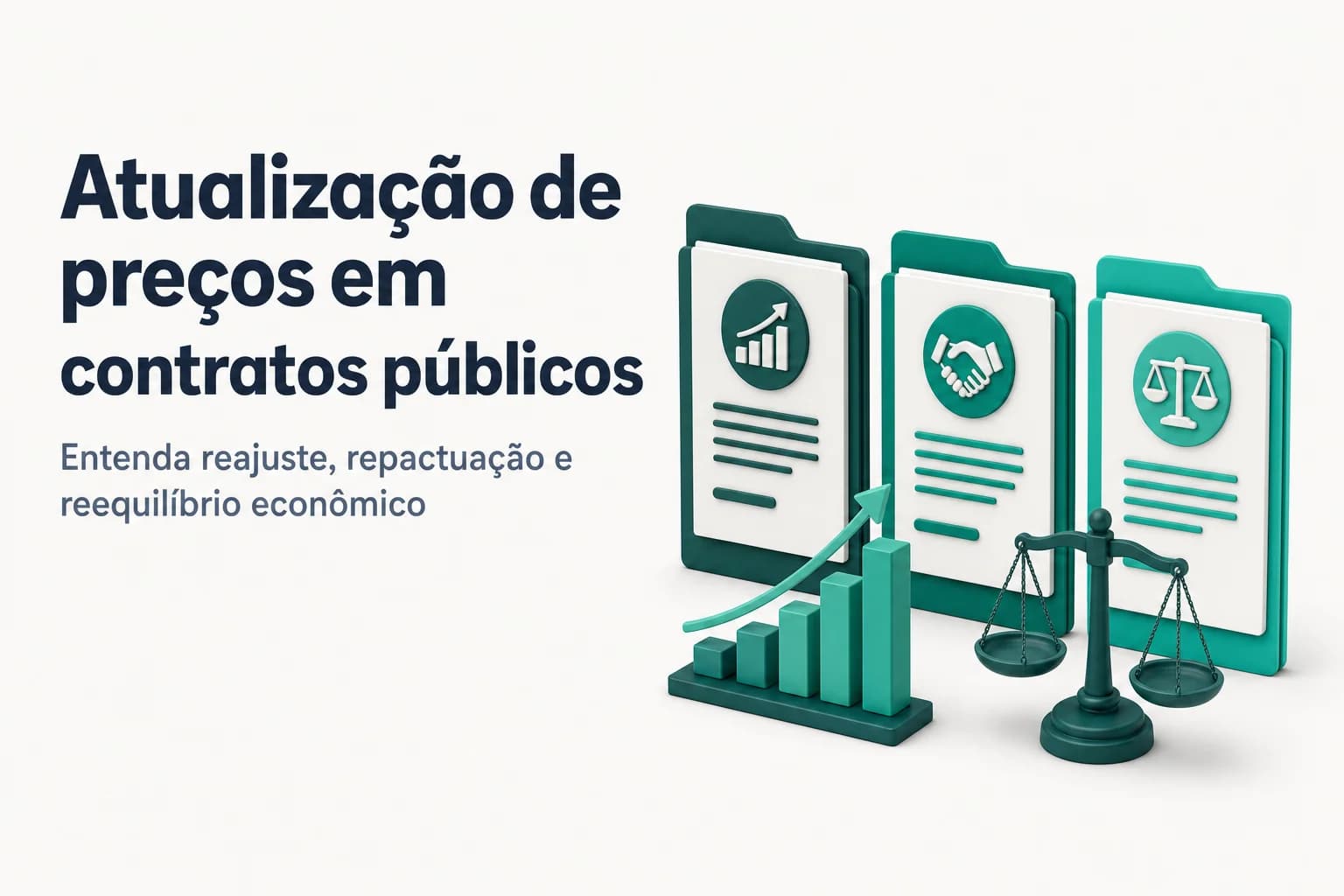 Representação das três formas de atualização de preços em contratos públicos: reajuste, repactuação e reequilíbrio econômico-financeiro.