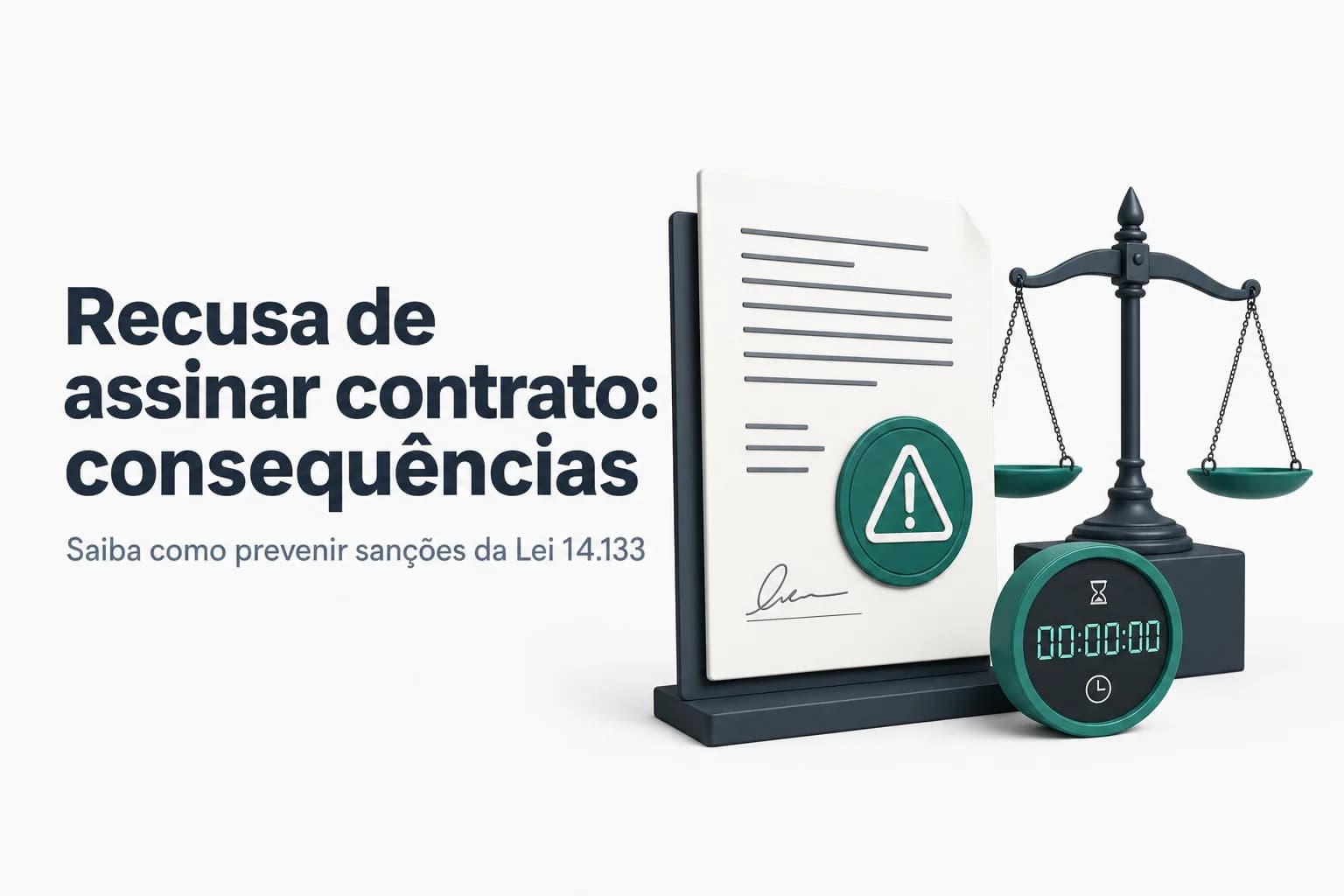 Ilustração de um contrato com carimbo de recusa e documentos oficiais ao lado, representando as consequências legais de não assinar após vencer licitação.