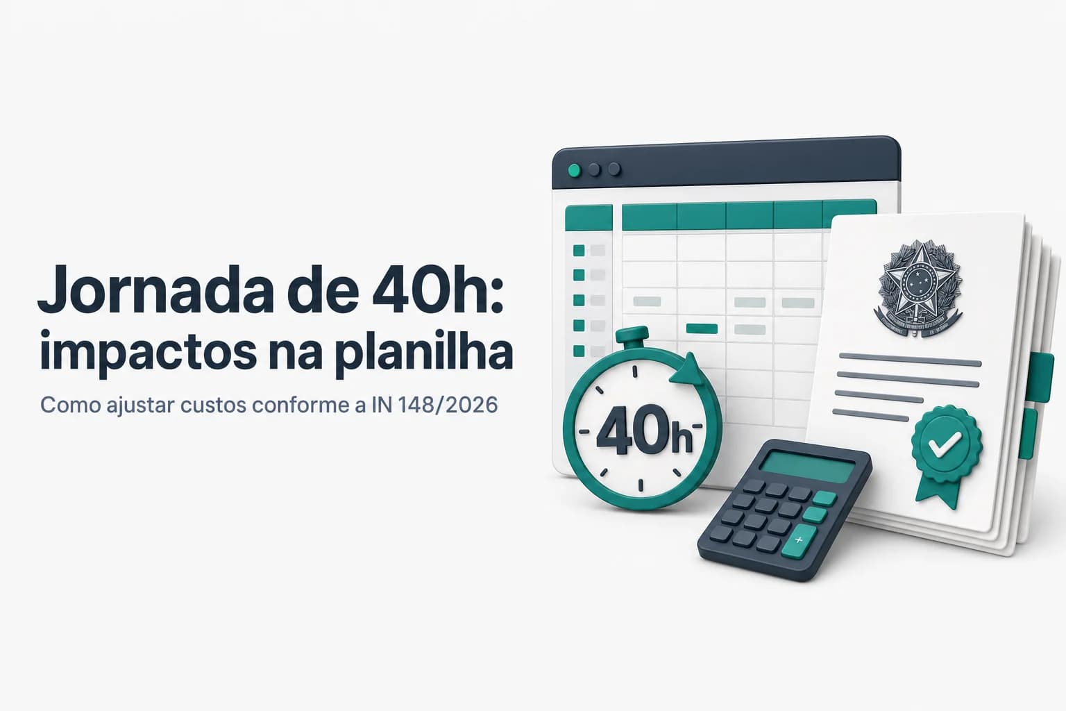 Gestor analisa planilha de custos em contrato de terceirização com gráficos de redução de jornada de 44 para 40 horas semanais.