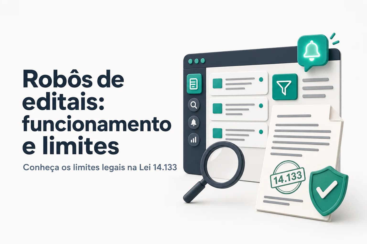 Ilustração de um robô monitorando editais de licitação em tela de computador, com gráficos e alertas.