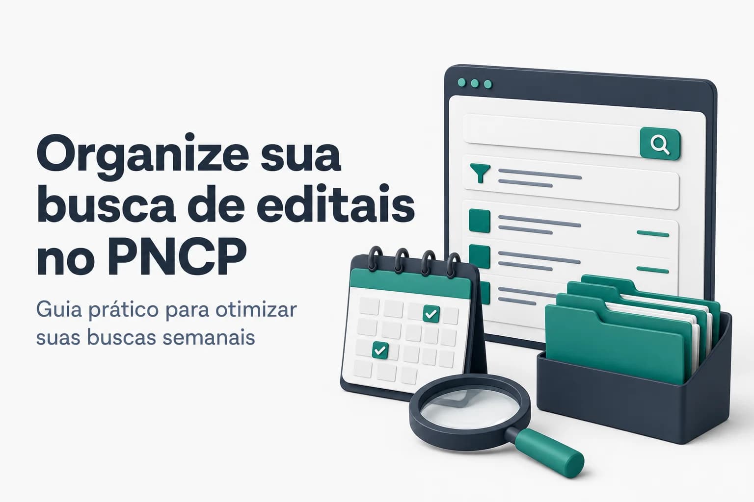 Tela do Portal Nacional de Contratações Públicas com filtros de busca destacados e calendário semanal ao lado