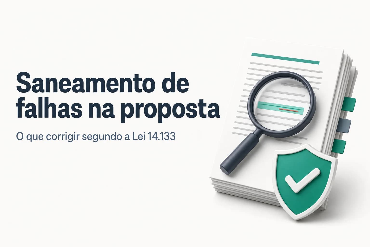 Ilustração de um documento de proposta com uma lupa e um selo de 'corrigido' sobre uma mesa, representando o saneamento de falhas na licitação.