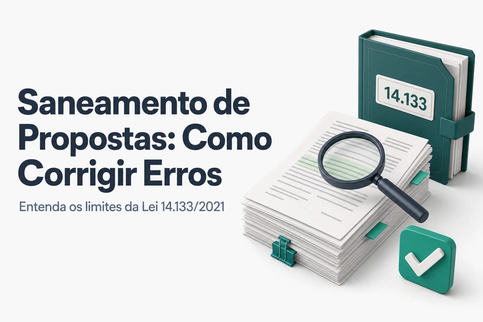 Ilustração de um documento de licitação sendo revisado com uma lupa sobre uma cláusula de saneamento de propostas.