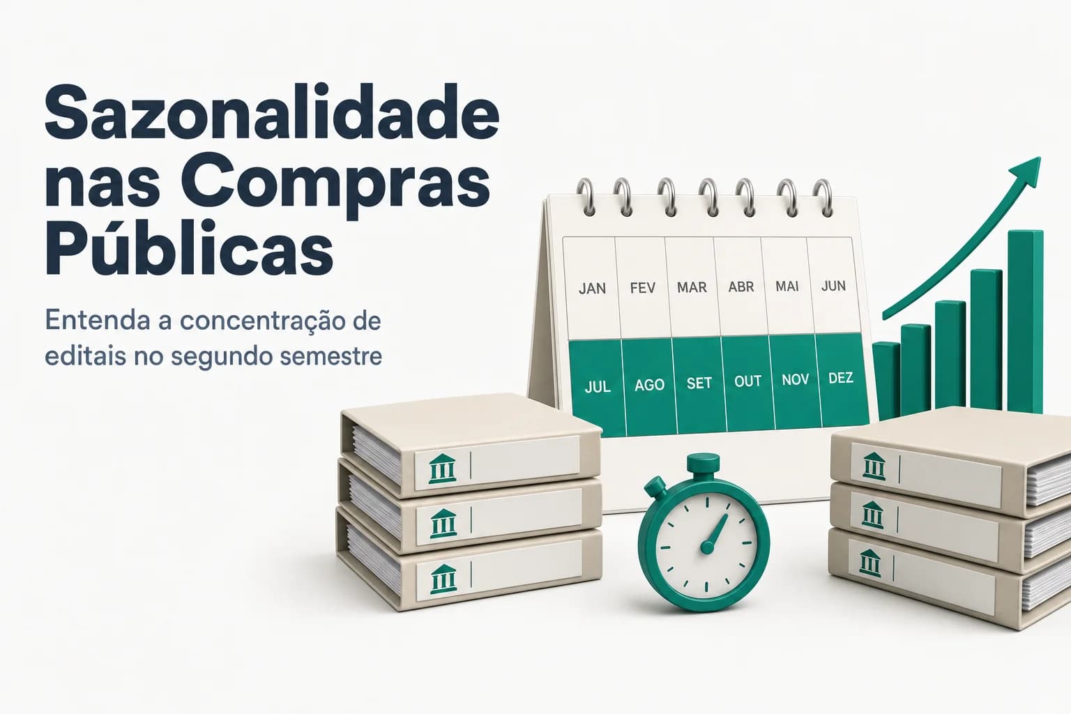 Ilustração de calendário fiscal com destaque para o segundo semestre, indicando pico de empenhos e editais