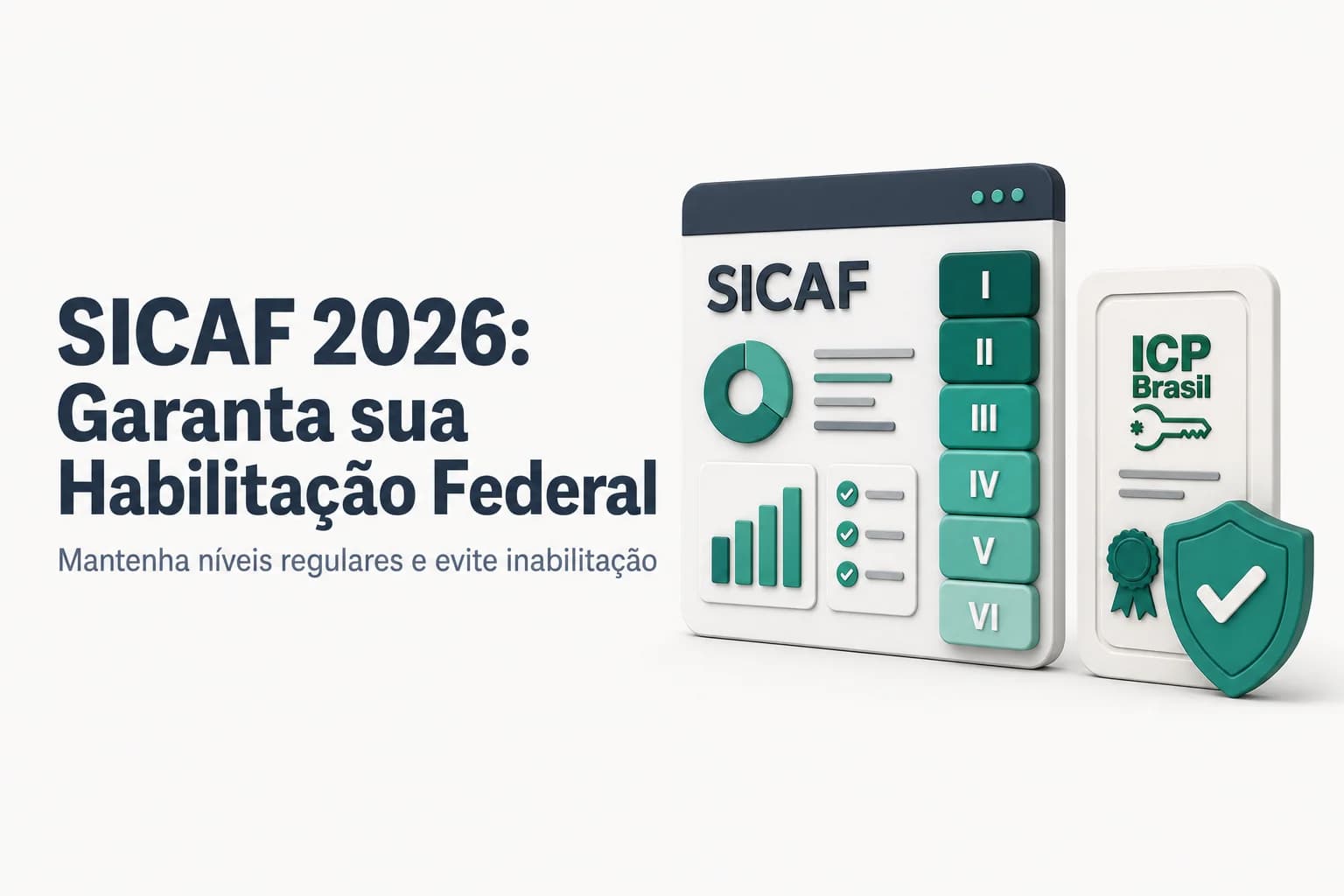 Ilustração do SICAF com indicadores de níveis de cadastramento e selos de regularidade fiscal e trabalhista.