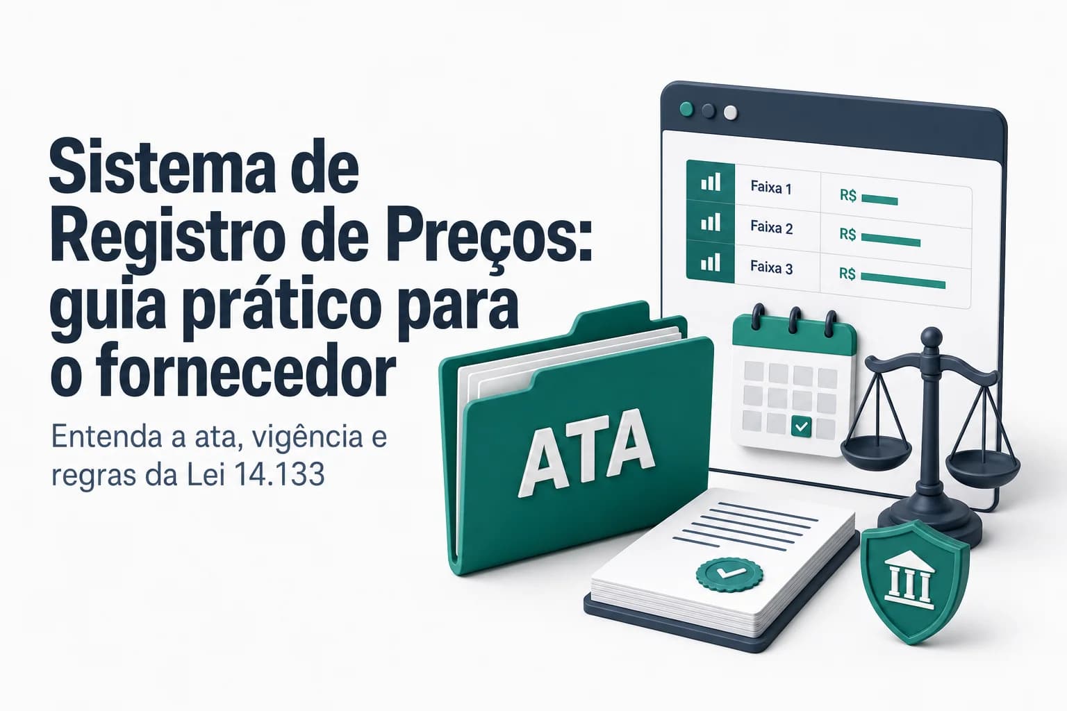 Ilustração do Sistema de Registro de Preços (SRP) com ata, fornecedor e órgãos públicos em destaque.