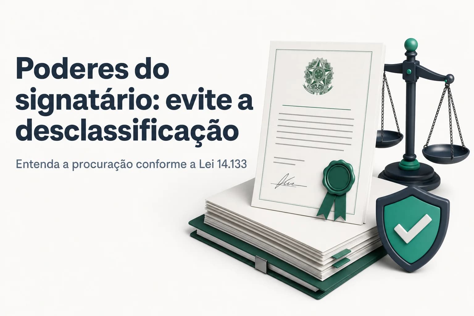 Documentos legais com selo de aprovação, lupa sobre uma procuração e caneta sobreposta
